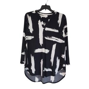 Cato 1946 Black White V-Neck Long Sleeve Pullover Tunic Blouse Top Womens XL